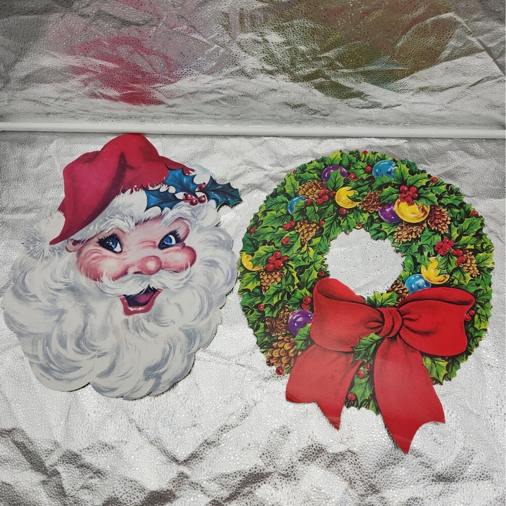 Die Cut Santa HMS INC & Wreath Kitschy Christmas Wall Decoration 60s VTG Classic